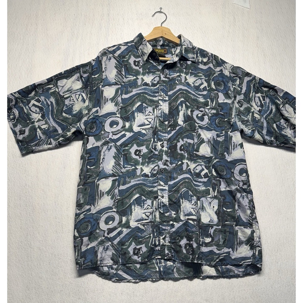 Pure Mens Abstract Geometric Print Short Sleeve Button Up Shirt Blue Grey XL